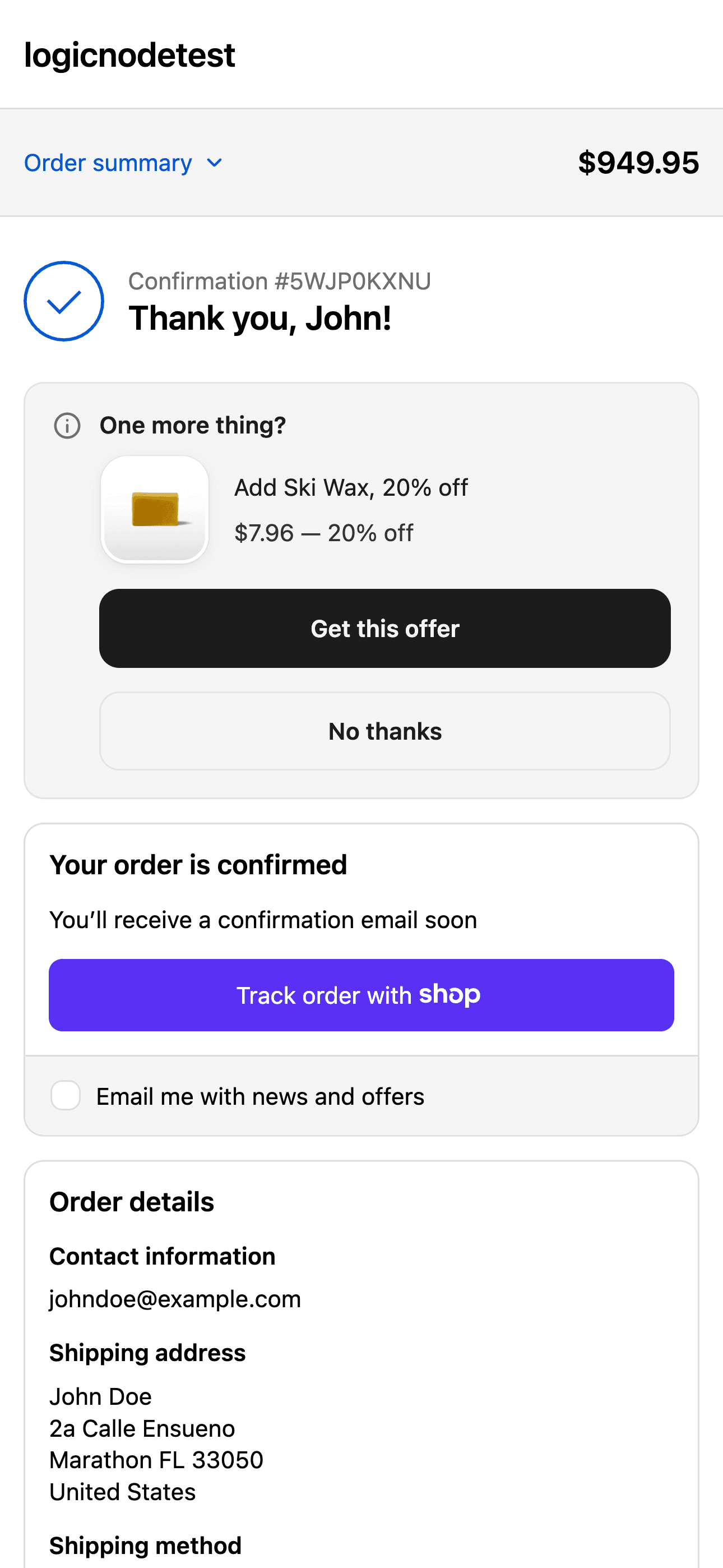 A real Shopify order-confirmation page on a phone, showing a post-purchase offer for ski wax at 20% off, with 'Get this offer' and 'No thanks' buttons